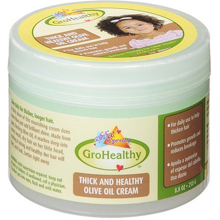 Green and white circular container of Sofn'Free GroHealthy Thick and Healthy Olive Oil Cream, featuring a child on the lid, with 8.8 oz labeled prominently on the front.