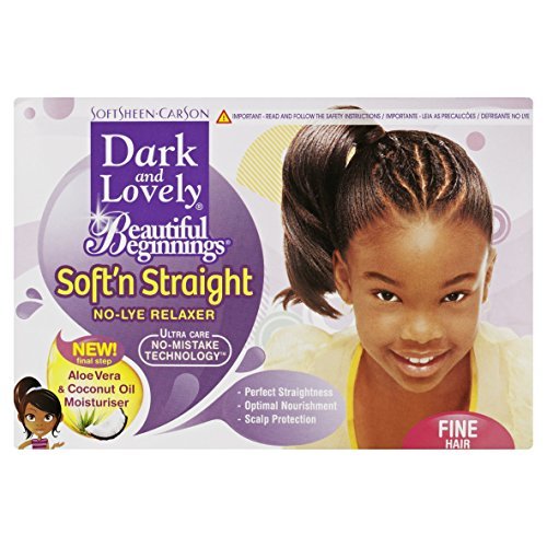 Beautiful Beginnings No Lye Children's Relaxer for Fine Hair by SoftSheen Carson features a vibrant purple and white box with a young girl showcasing smooth, straight hair.