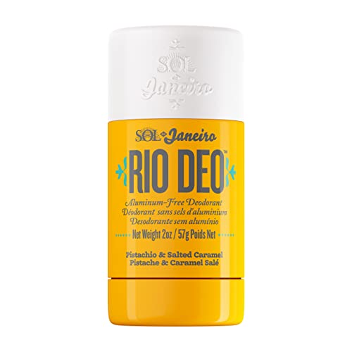 Yellow and white aluminum-free deodorant stick with "Sol de Janeiro" branding, labeled "Rio Deo," featuring a scent description of pistachio and salted caramel.