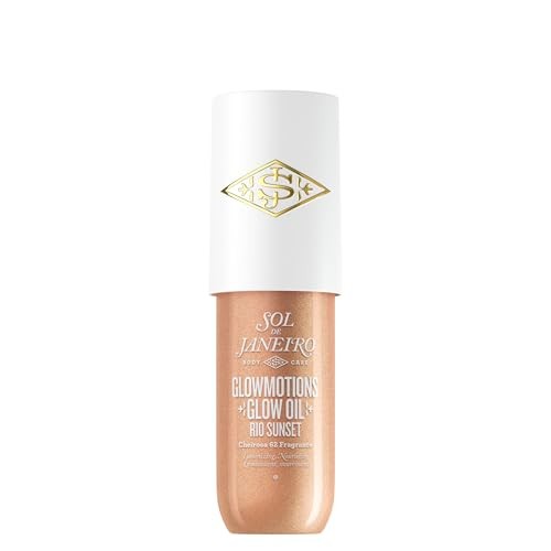 75 ml bottle of Sol de Janeiro Rio Sunset Bronze Glow Oil, featuring a sleek white cap and a shimmery bronze liquid that radiates a warm, sun-kissed glow.