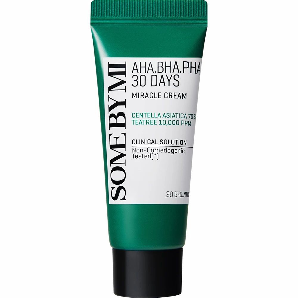 Green tube of Some By Mi AHA, BHA, PHA Miracle Cream, featuring a white label with black text, highlighting key ingredients and clinical solution details, 30ml size.