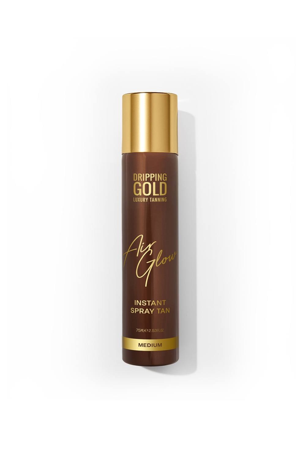 Brown spray tan bottle with a gold cap and gold lettering, labeled "Dripping Gold Air Glow Instant Spray Tan," in medium shade, 75 ml size.