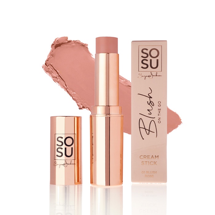 Cream blush stick in a soft rose shade, housed in a sleek rose gold tube with a matching cap, alongside a swatch of the blush on a light background.