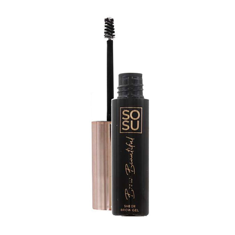 Brow gel in a sleek black tube with a rose gold cap, featuring a small brush applicator, labeled "SOSU Brow Beautiful" in gold lettering, shade 01 Fair Warm.