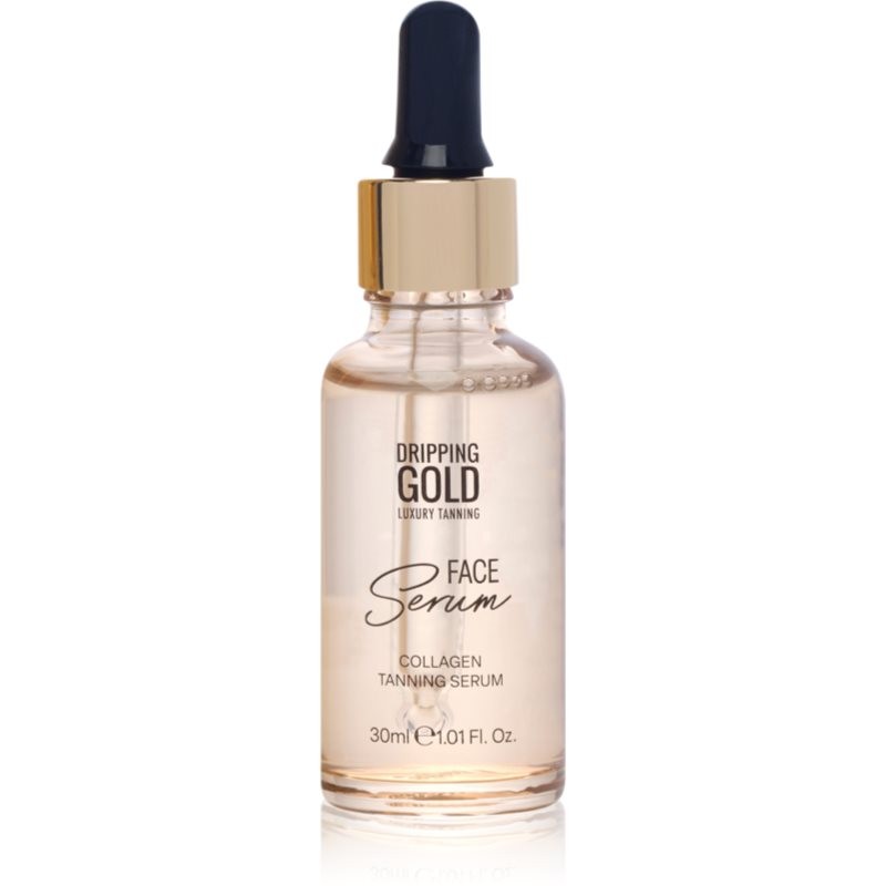 Clear glass bottle with a gold dropper cap, containing a light amber collagen face tanning serum, labeled "Collagen Tanning Serum" in elegant black font.