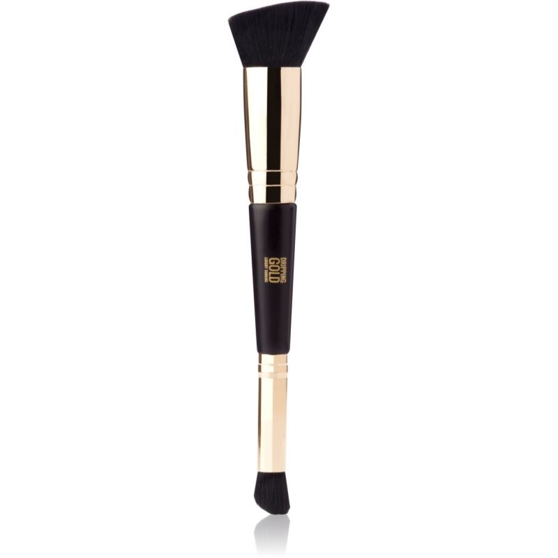 Double-ended kabuki brush featuring a sleek black handle with gold accents, one side has a flat top for foundation, and the other is tapered for precise application.