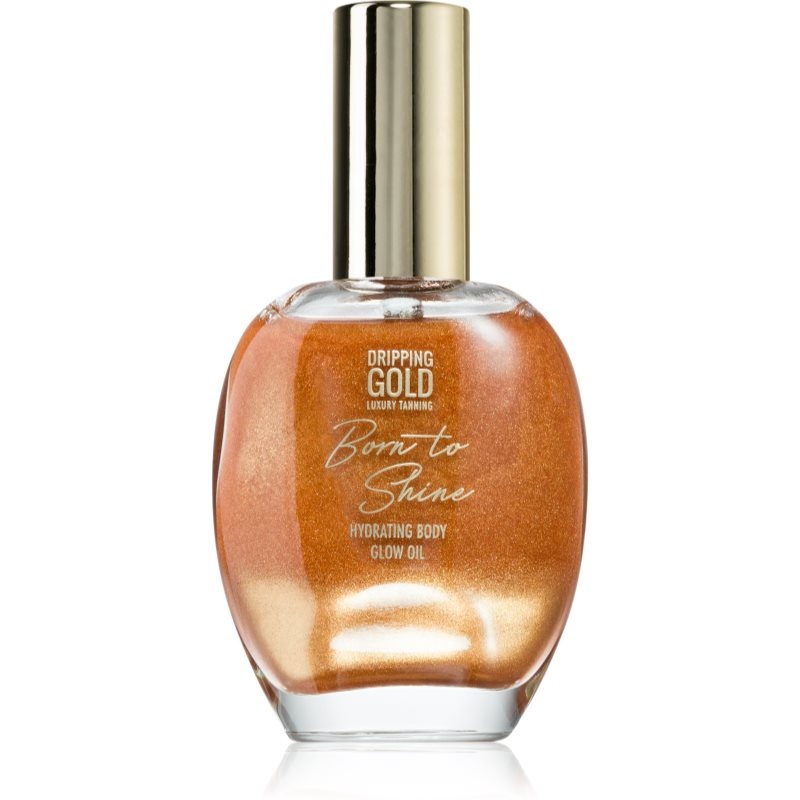 Bronze shimmering body oil in a clear glass bottle with a gold cap, featuring "Born to Shine" label and a luxurious, hydrating formula for a radiant glow.