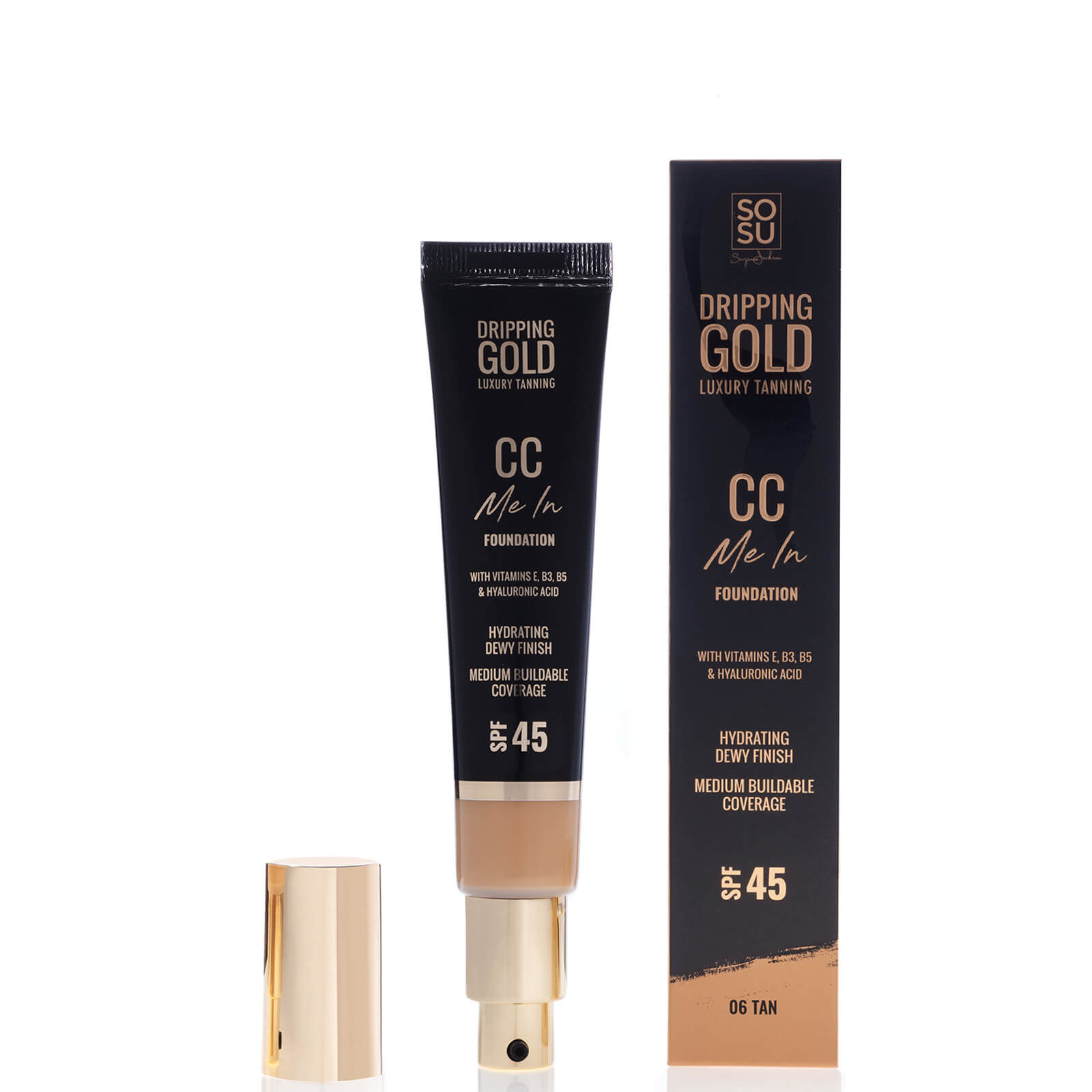 Lightweight foundation tube in tan shade 06 with a gold cap, featuring a black and gold box labeled "Dripping Gold CC Me In" and SPF 45, highlighting hydration and medium coverage.