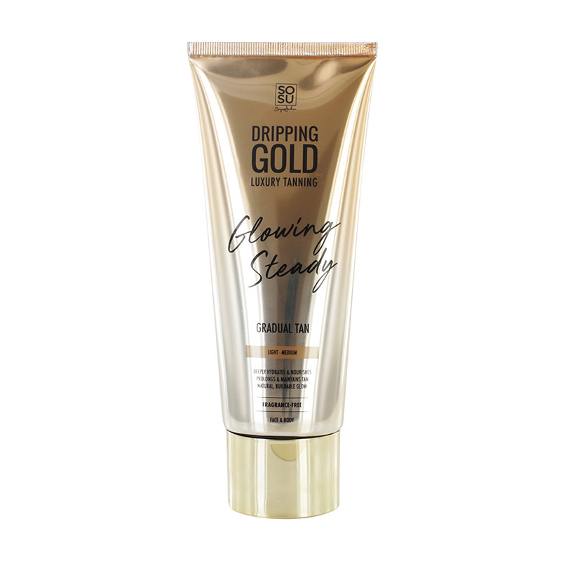 Debenhams Gradual Tan Moisturiser in Light Medium, 200ml tube with a shiny gold and black design, featuring "Glowing Steady" in stylish script on the front.