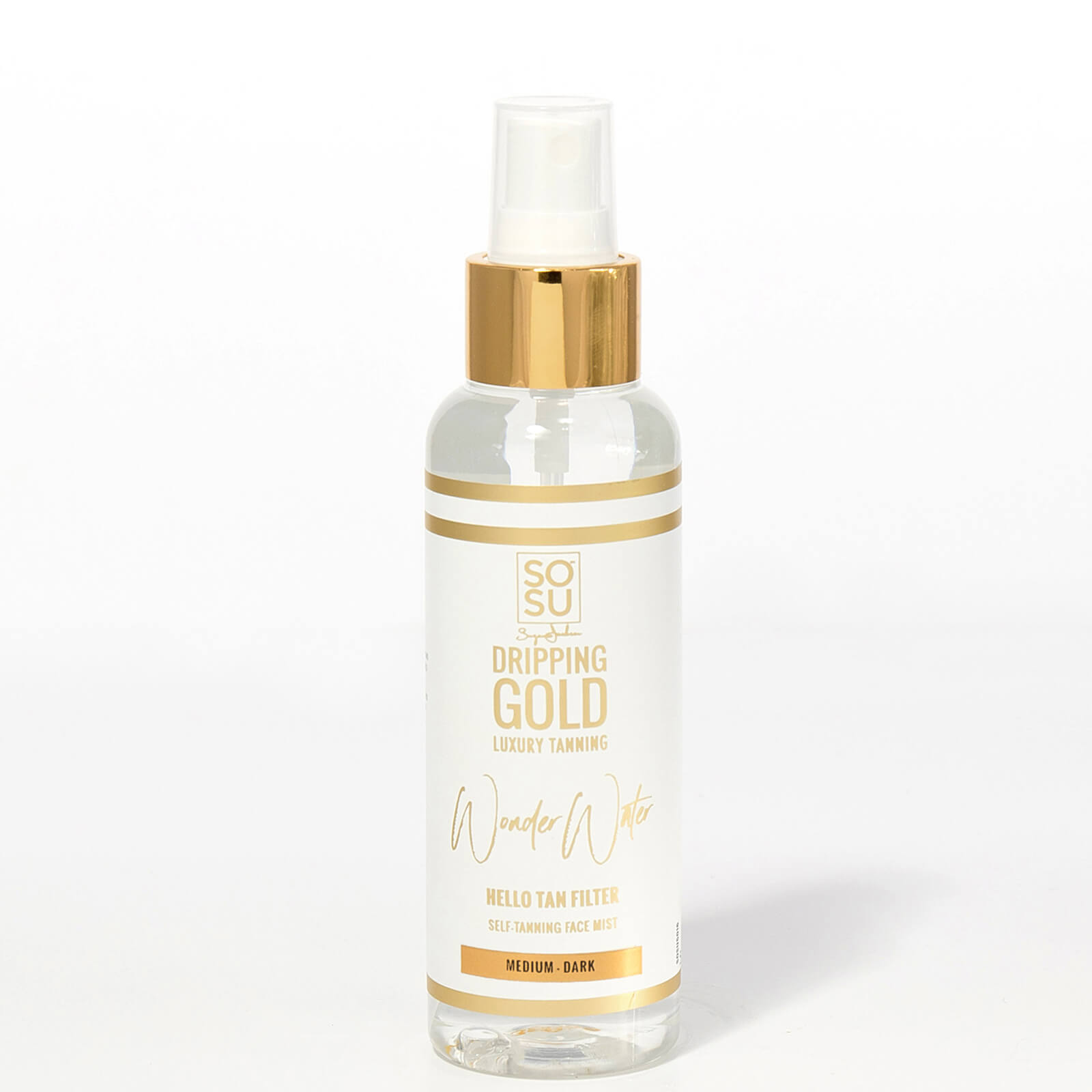 Clear spray bottle with a gold cap and label, featuring "Debenhams Wonder Water Tanning Mist" text, 100ml size, and "Medium Dark" designation on a white background.