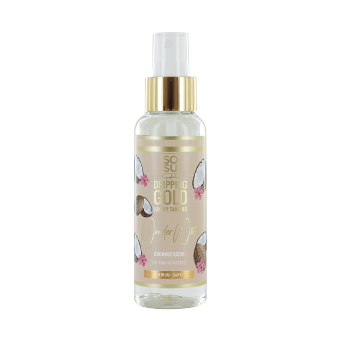 Clear spray bottle with a gold pump, featuring a light pink label adorned with coconut illustrations and floral accents, containing 100ml of medium dark tanning mist.