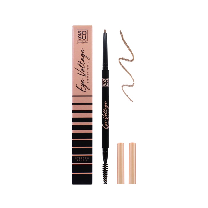 SOSU Cosmetics Eye Voltage Precise Eyebrow Pencil in Fair, featuring a sleek black pencil with a gold logo, a dual-ended brush, and a light brown pencil tip alongside a swatch.