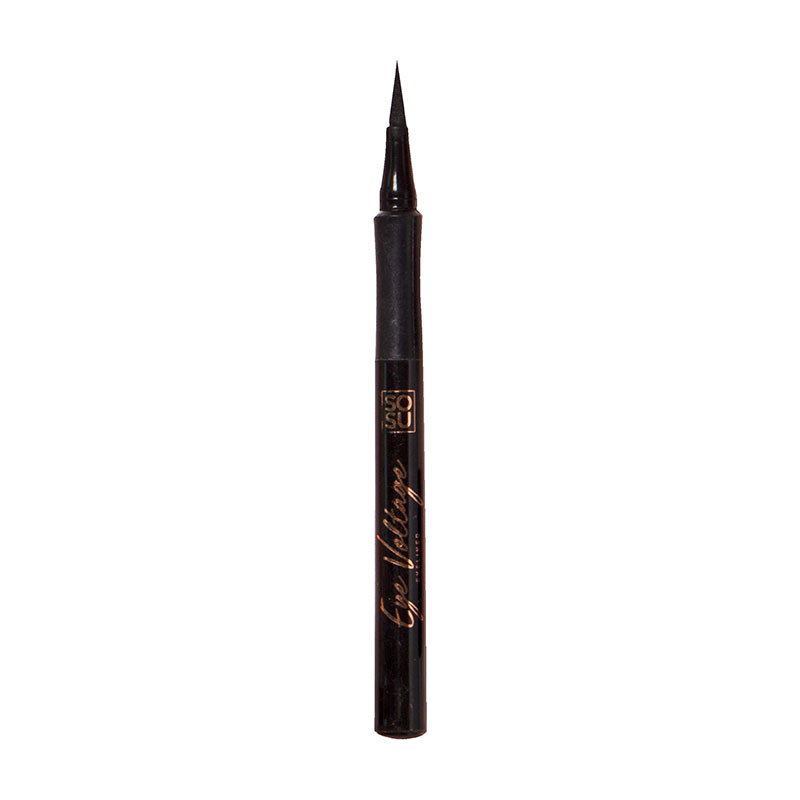 Black felt tip eyeliner pen with a precision tip, featuring a sleek design and gold lettering that reads "Eye Voltage" by SOSU Cosmetics.