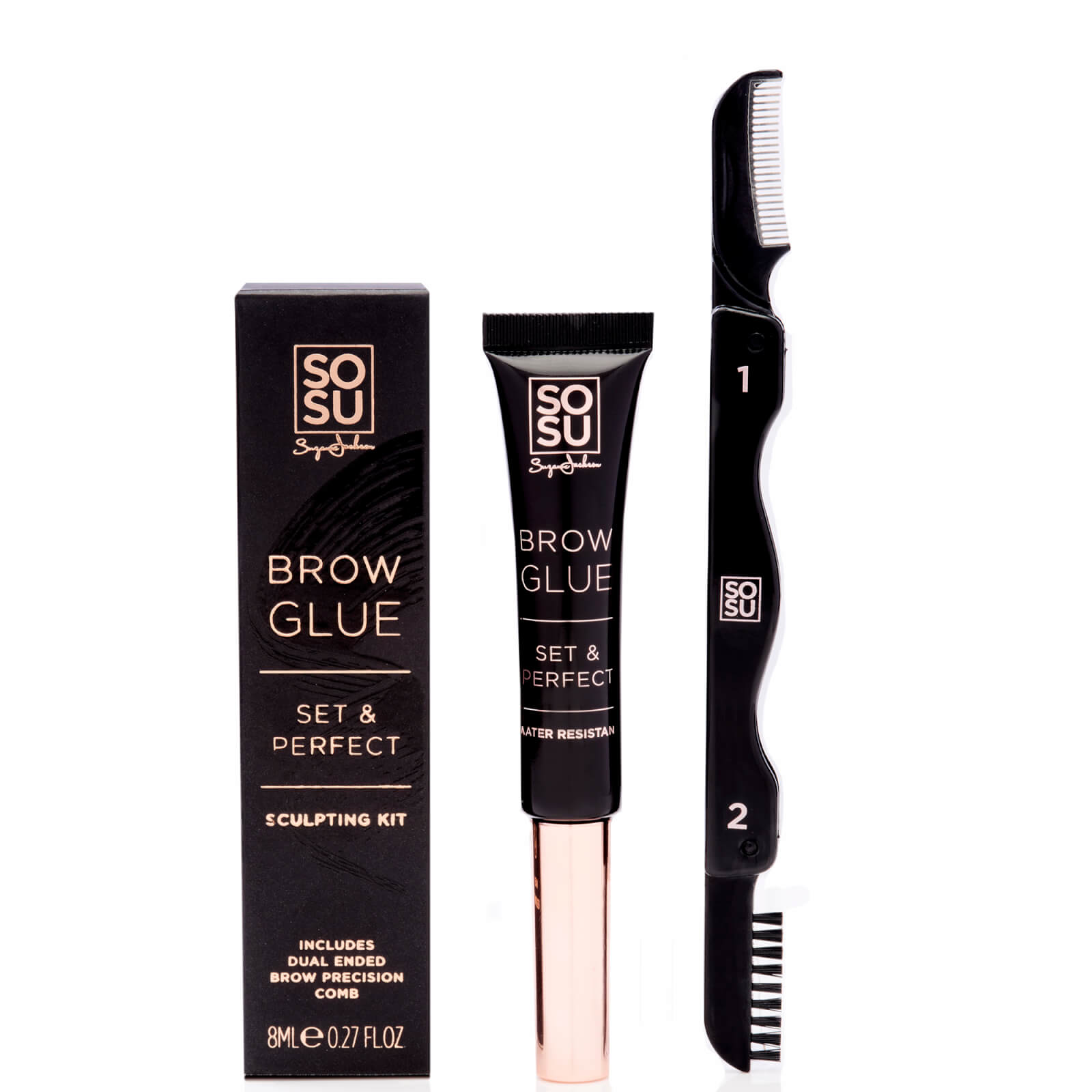 Sosu Eyebrow Sculpting Kit featuring a black box with gold text, a tube of brow glue, and a dual-ended precision comb in black, all designed for perfect eyebrow shaping.