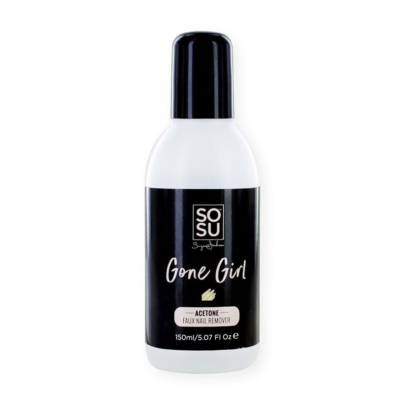 Sosu Cosmetics Gone Girl acetone nail polish remover in a 150ml white bottle with a black cap and label featuring the product name in stylish font.