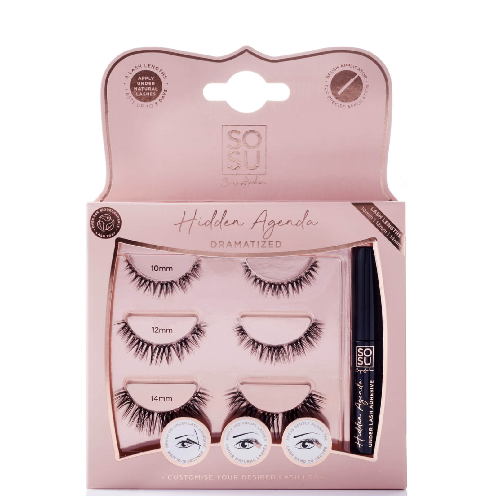 Dramatized knotted individual cluster lashes in 10 mm, 12 mm, and 14 mm lengths, packaged in a pink box with a black lash glue tube and clear adhesive dots.