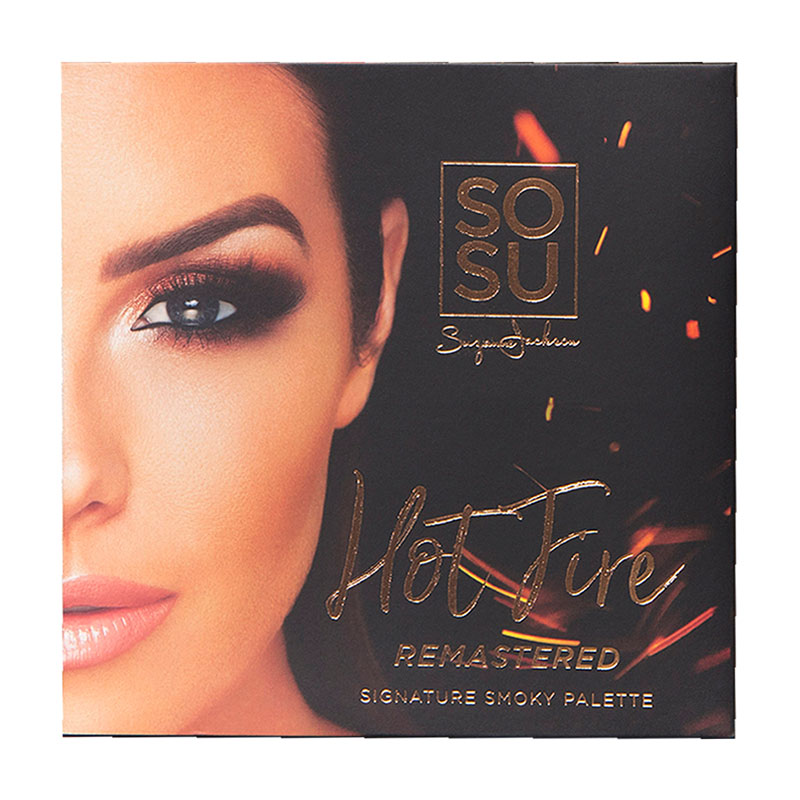 Sosu Hot Fire Eyeshadow Palette features a sleek black box with a glossy finish, gold lettering, and a striking close-up of a model's eye with dramatic makeup.