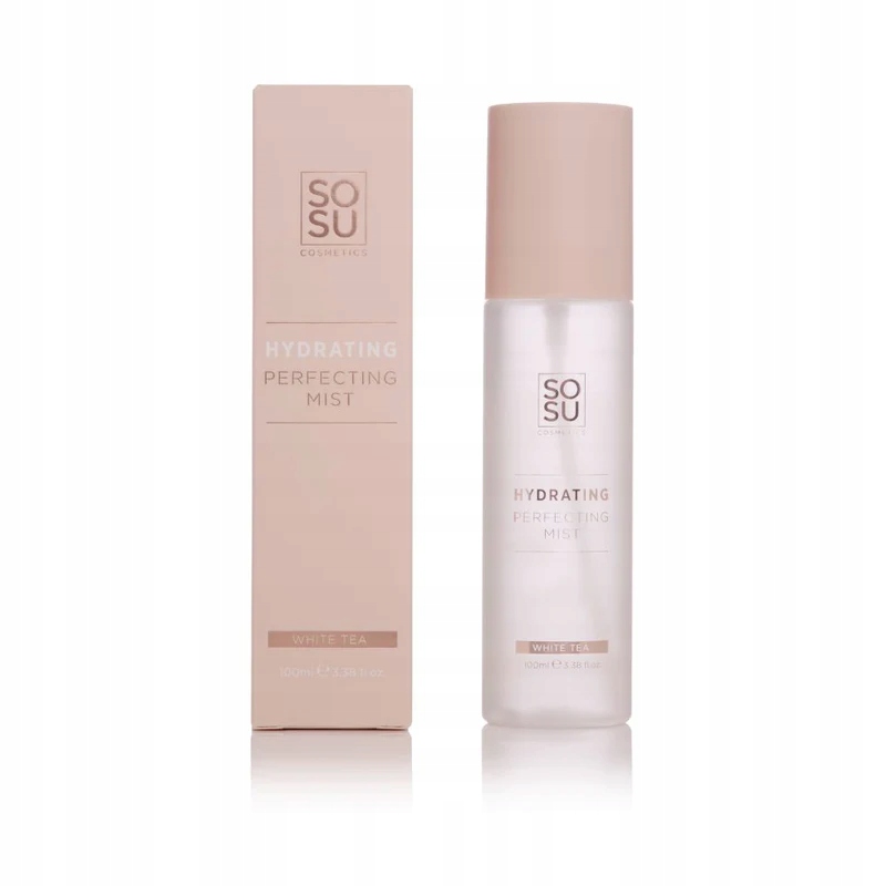 Clear spray bottle with a light pink cap, labeled "SOSU Cosmetics Hydrating Perfecting Mist" in white text, alongside a matching box, both featuring a minimalist design.