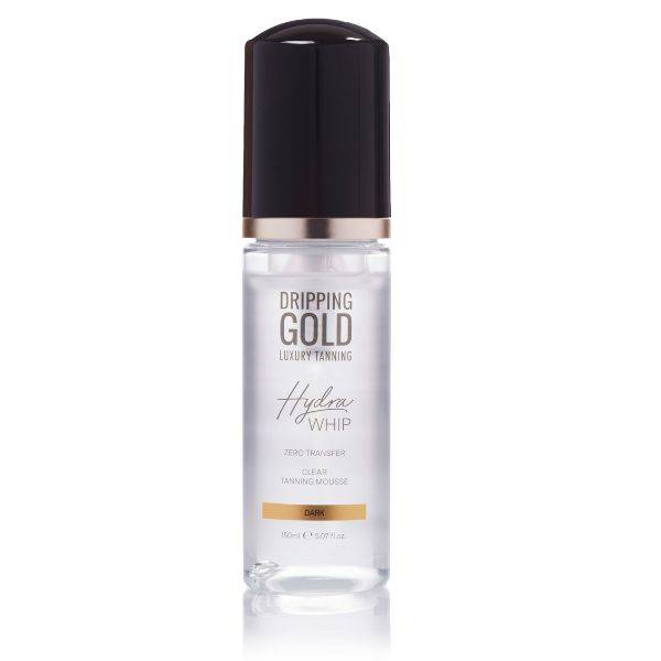Clear bottle of Debenhams Women's Hydra Whip Clear Mousse in Dark, featuring a sleek black cap and gold accents, with a 150ml capacity for luxury tanning.