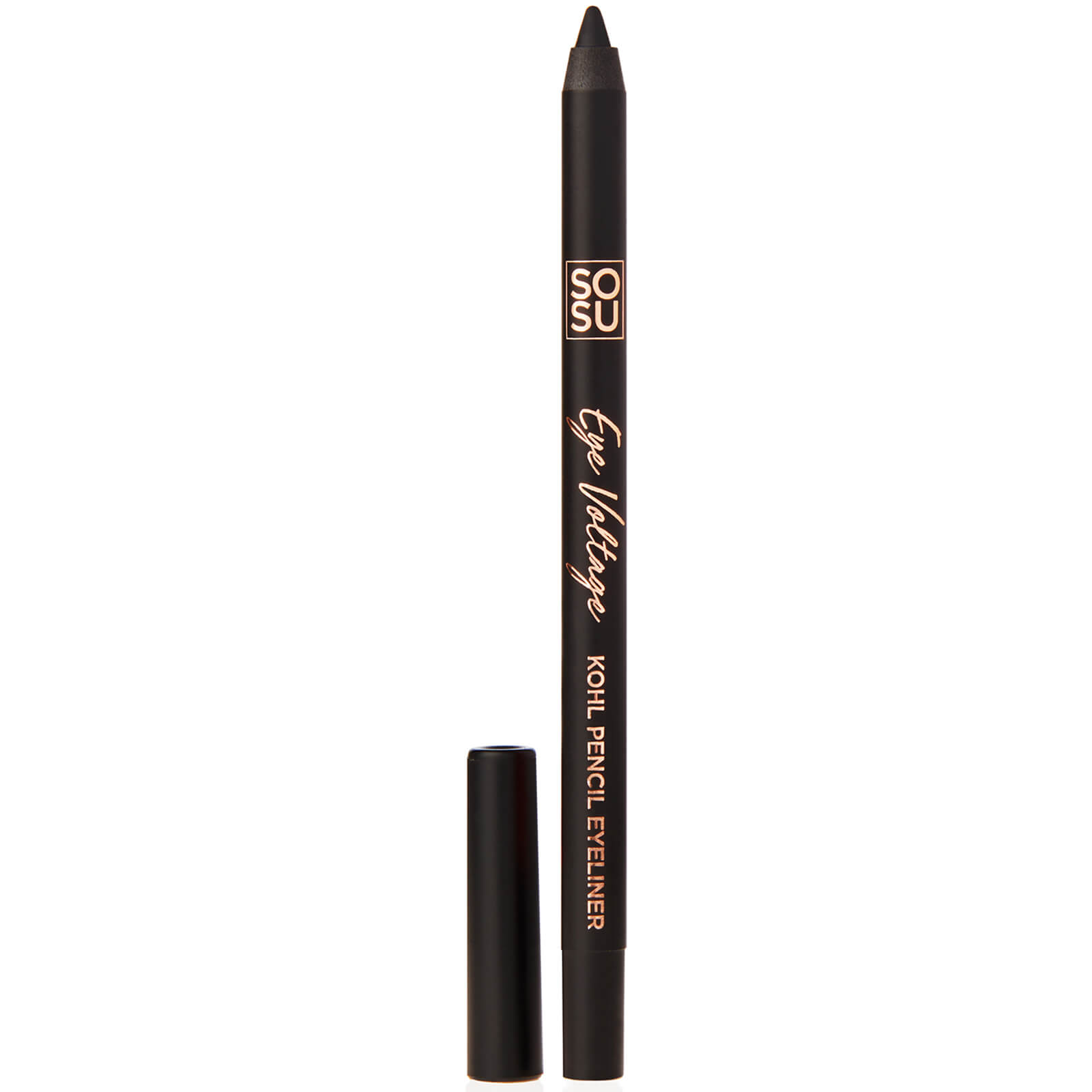 Brown kohl eyeliner pencil in a sleek black casing with gold lettering, featuring a removable cap and a pointed tip for precise application.