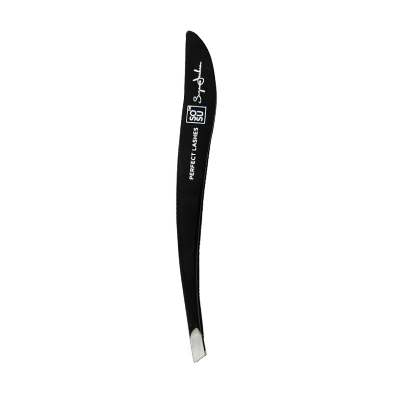 Black stainless steel tweezers with a curved design, featuring the text "PERFECT LASHES" and the SOSU by SJ logo, ideal for precise eyebrow and lash grooming.