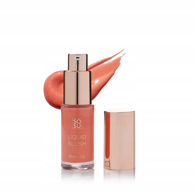 Peach-colored liquid blush in an 8 ml glass bottle with a gold pump and cap, accompanied by a swatch of the blush in a matching hue.