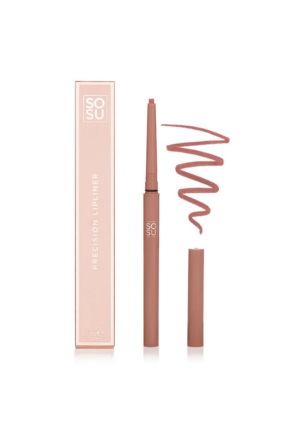 Debenhams Longwear Lip Liner in Naive Nude features a slim, nude-colored pencil with a twist-up design, accompanied by a swatch of the soft pink shade.