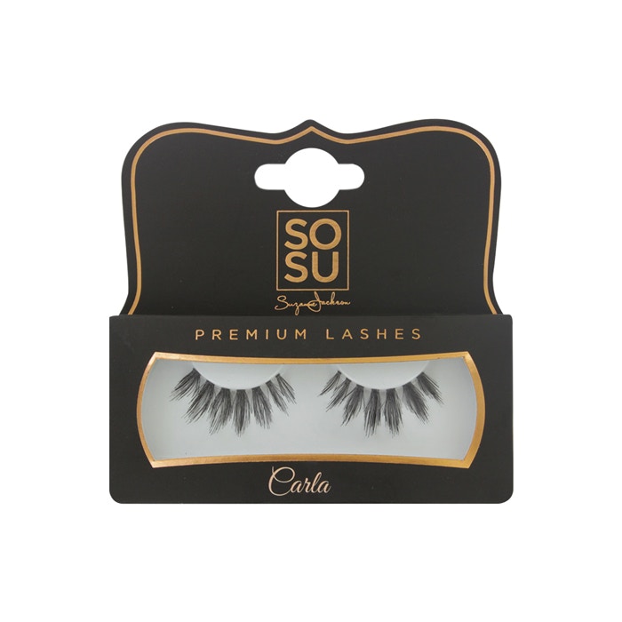 Premium Carla lashes by SOSU by Suzanne Jackson, featuring a dramatic, wispy design with varying lengths, presented on a sleek black and gold packaging.
