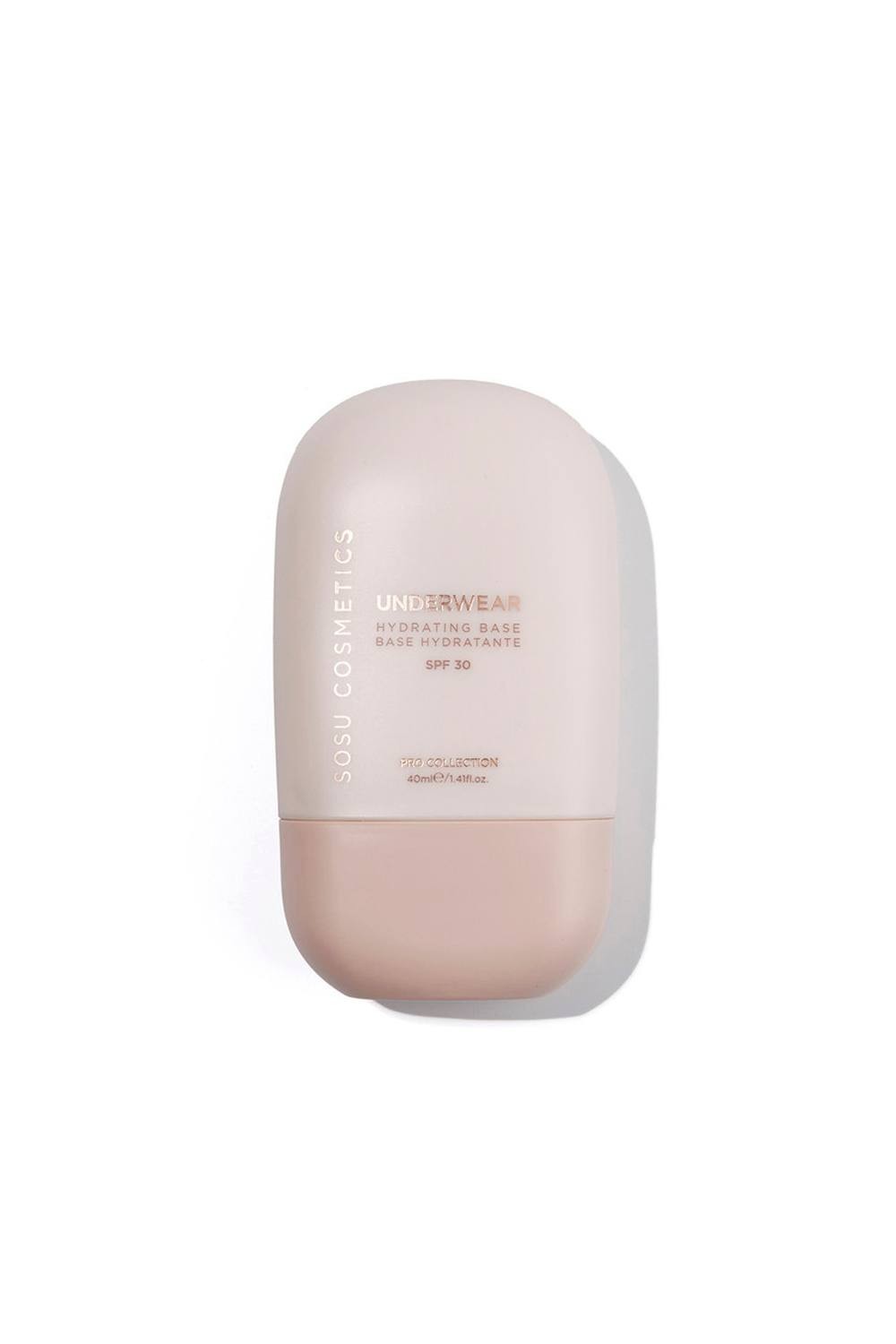 Light pink, oval-shaped container of Debenhams Underwear Hydrating Base Primer, 40ml, with a matte finish and white text, featuring SPF 30 for hydration and protection.