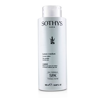 White cylindrical bottle of Sothys Comfort Lotion, 16.9oz, featuring a sleek design with black text and a logo, emphasizing its soothing properties and thermal water ingredients.
