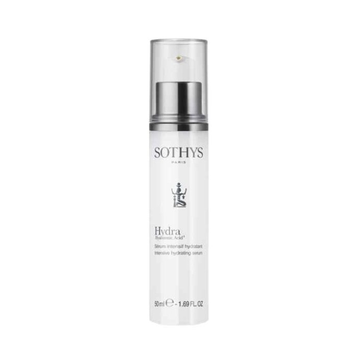 Clear glass bottle with a silver pump top, labeled "Sothys Hydra Intensive Hydrating Serum," featuring a sleek design and white and silver color scheme, containing 75ml of product.