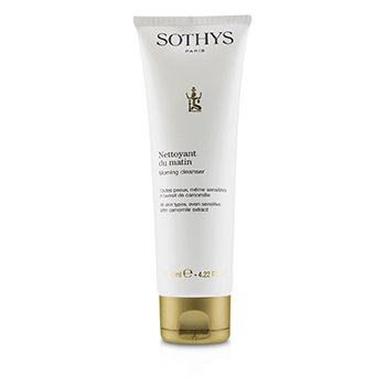 White tube with a gold cap, labeled "Sothys Morning Cleanser" in elegant black text, featuring a minimalist design and a smooth, glossy finish.