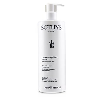 White bottle of Sothys Purity Cleansing Milk, 16.9 oz, featuring a pump dispenser, labeled for combination to oily skin with iris extract, minimalist design with black text.