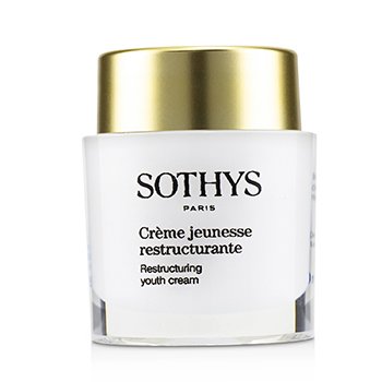 Sothys Restructuring Youth Cream in a sleek white jar with a gold lid, featuring elegant black text and a clear base, holds 1.69 fl oz of product.