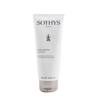 Sothys Shower Cream in a sleek white tube with a light pink cap, featuring elegant branding and text, contains 200ml of Cherry Blossom & Lotus fragrance.