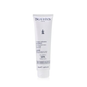 Sothys Soothing Velvet Cream in a white tube with a blue logo, labeled for sensitive skin, featuring a flip-top cap, 150ml size, and a clean, minimalist design.