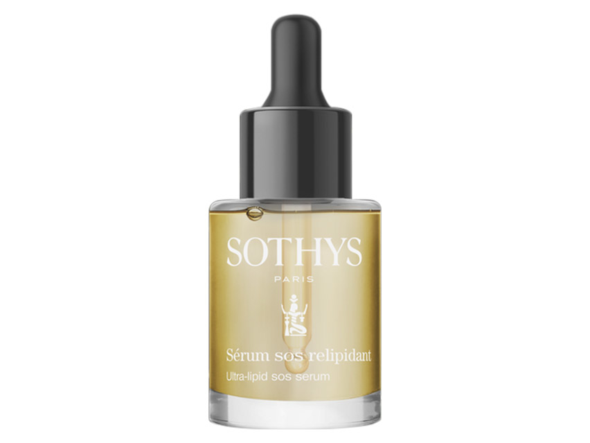 Clear glass bottle with a black dropper cap, containing a golden yellow serum, labeled "Sothys Paris" and "Sérum sos relipidant" in elegant white font.