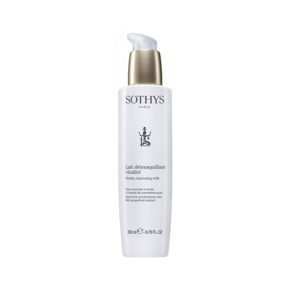 Sothys Vitality Cleansing Milk in a sleek white bottle with a gold pump, labeled for normal to combination skin, featuring grapefruit extract, 200ml size.