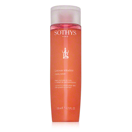 Sothys Vitality Lotion in a transparent pink bottle with a white cap, featuring the brand name "SOTHYS" and "Lotion Vitalité" in elegant lettering.