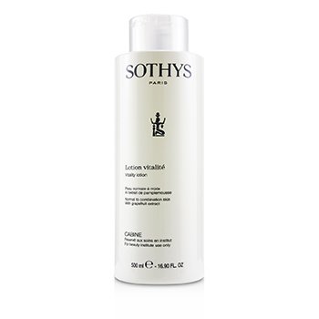 White bottle of Sothys Vitality Lotion for normal to combination skin, featuring grapefruit extract, with a sleek design and 500ml/16.9oz label.