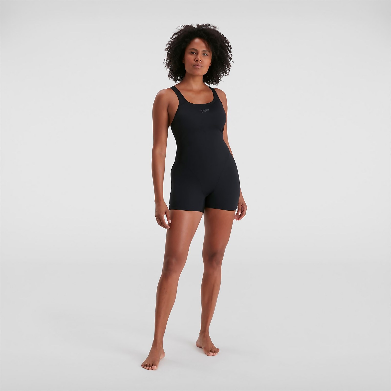 Women's black Eco Endurance+ legsuit by Speedo, featuring a sleek design, adjustable straps, and a comfortable fit, ideal for swimming and water activities.