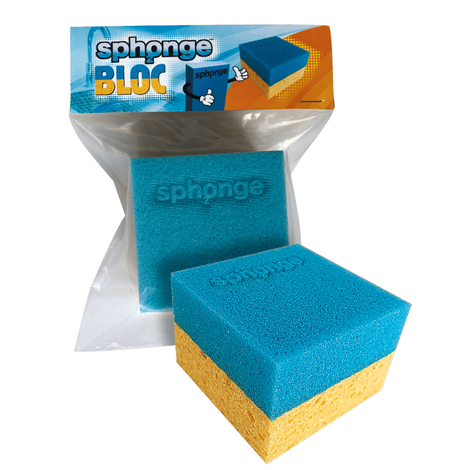 Bright blue sponge with a textured surface, featuring a yellow base, packaged in a clear bag with a colorful label displaying the brand name "Sph2onge" and product name "Bloc."