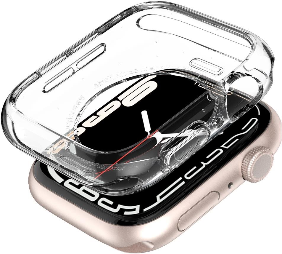 Transparent thermoplastic case for smart wearables, featuring precise cutouts and a sleek design, showcasing a black watch face with a red second hand underneath.