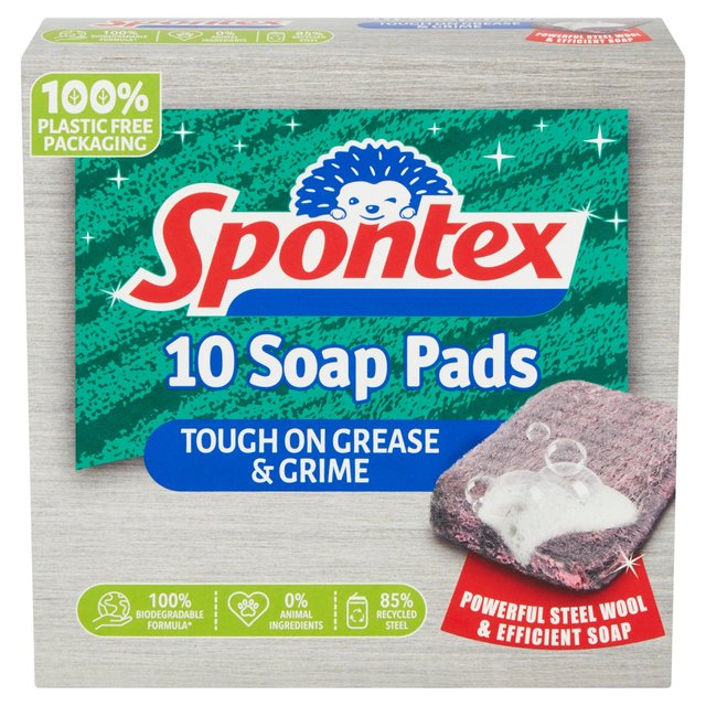 Spontex 10-pack of soap-filled pads in eco-friendly packaging, featuring a green and blue design with a hedgehog logo, highlighting tough grease removal and biodegradable formula.