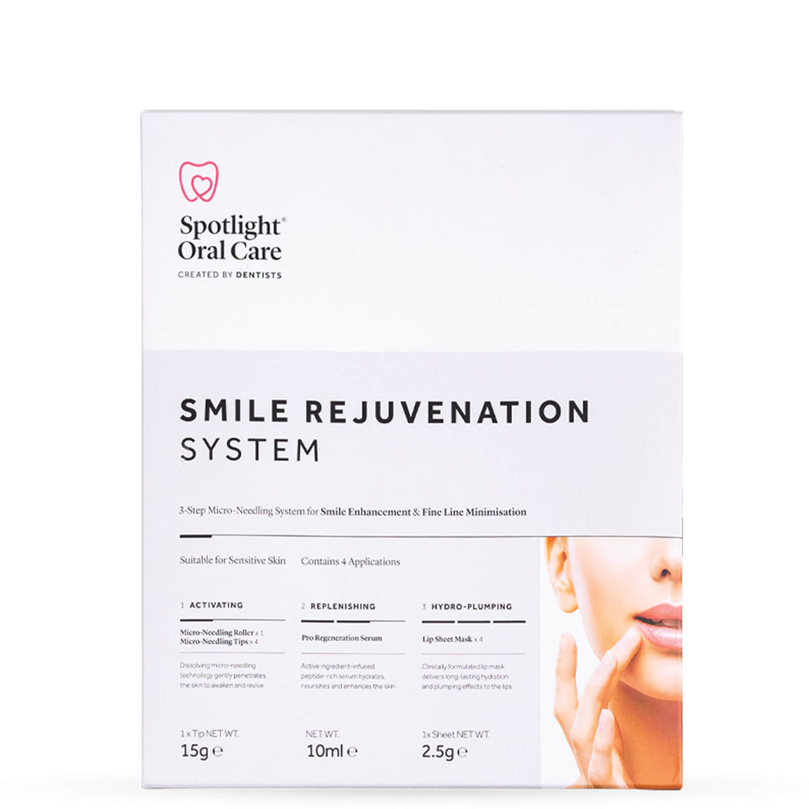 Spotlight Oral Care Smile Rejuvenation Kit features a sleek white box with pink accents, detailing a 3-step system for smile enhancement and fine line minimization.