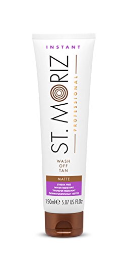 White tube with a flip-top cap, featuring a gold and purple label that reads "St. Moriz Professional Instant Wash Off Tan Medium 150 ml," highlighting its self-tanning properties.
