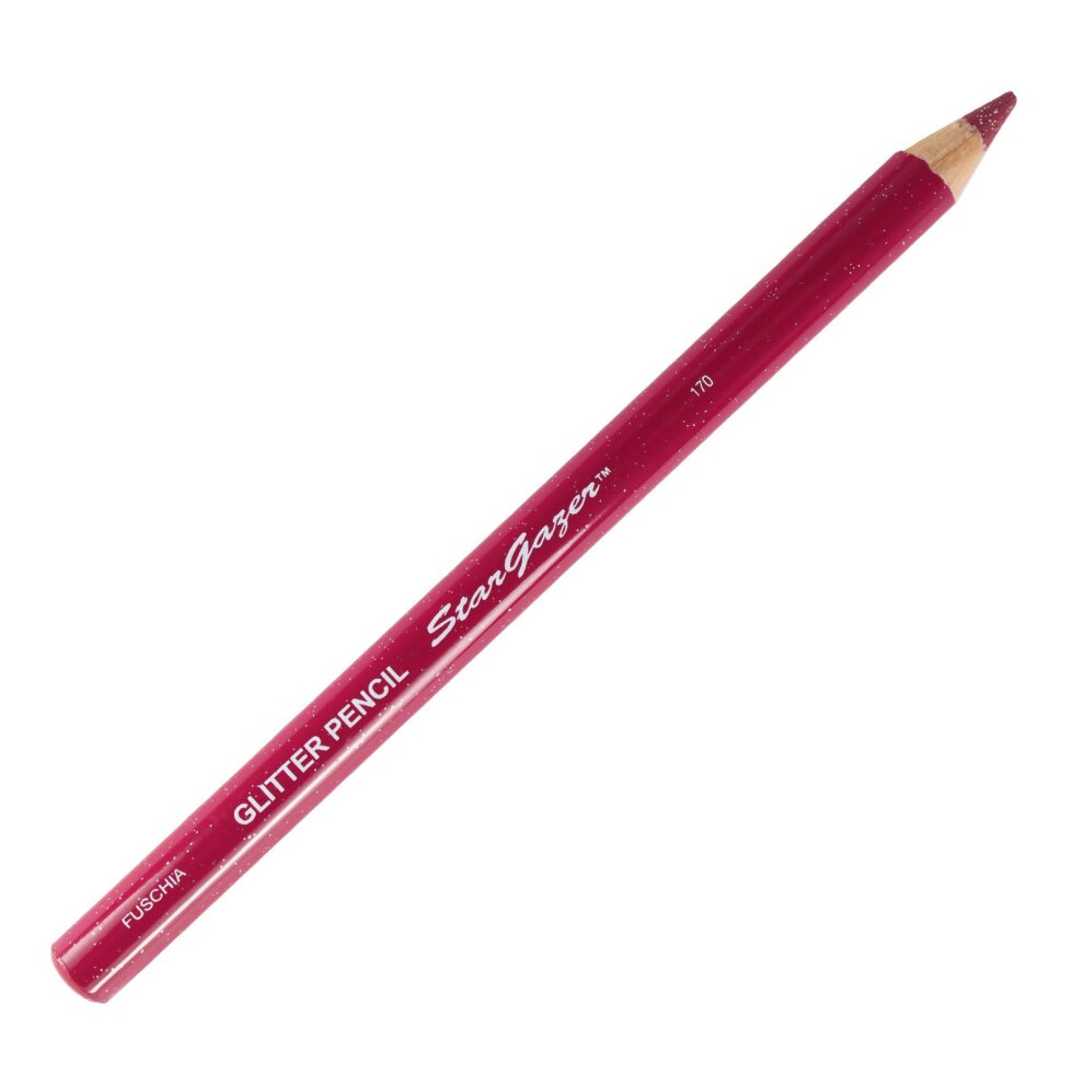 Glitter fuchsia pink pencil with a wooden body, featuring a sharpened tip and labeled "Stargazer Glitter Pencil" in white text.