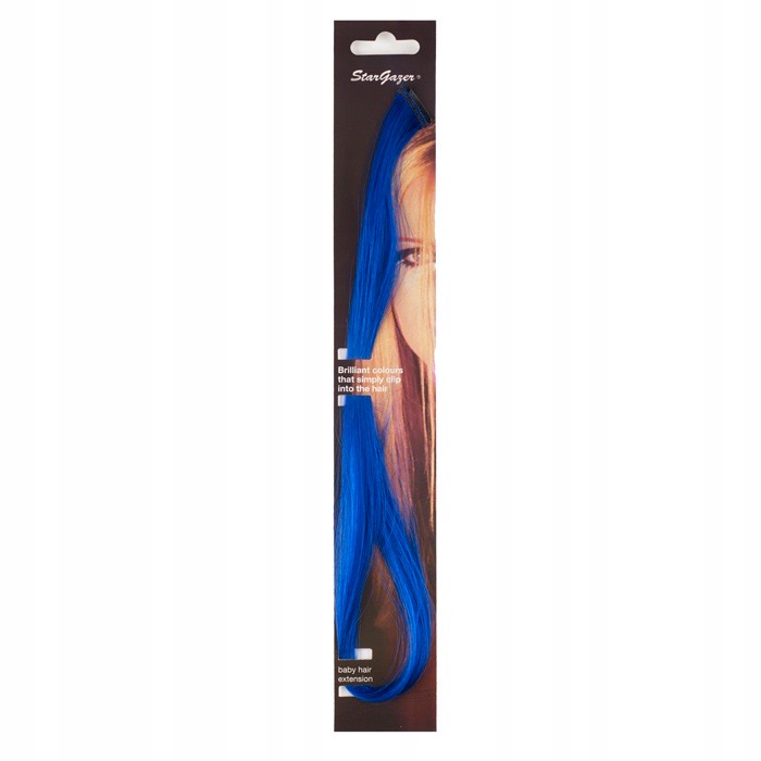 Colorful blue hair extensions by Stargazer, featuring a sleek design, packaged with a model's face in the background, showcasing vibrant, synthetic strands for bold styling.