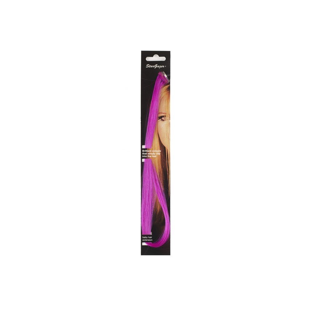 Fuschia clip-in hair extensions by Stargazer, featuring vibrant synthetic strands, packaged in a sleek black card with a model's hair partially visible.