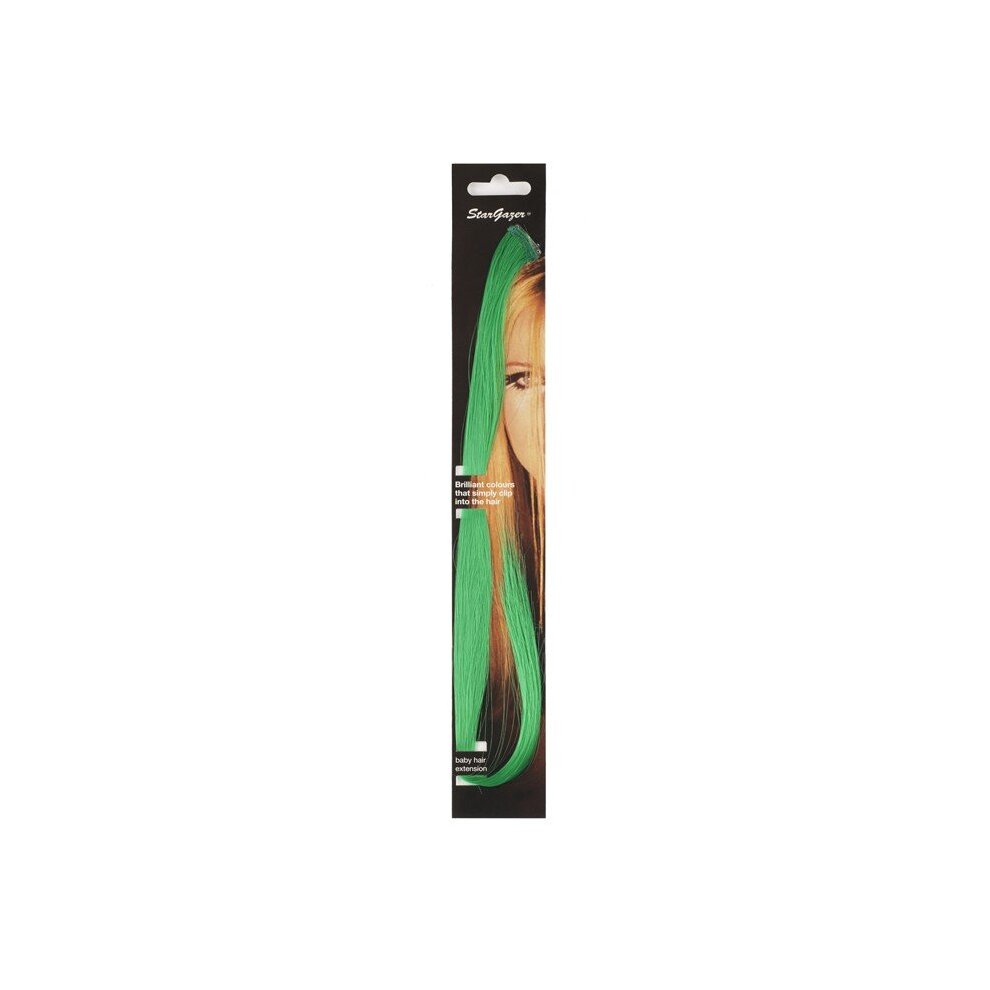 Bright green clip-in hair extensions by Stargazer, featuring a sleek synthetic material, packaged with a model showcasing the vibrant color against dark hair.